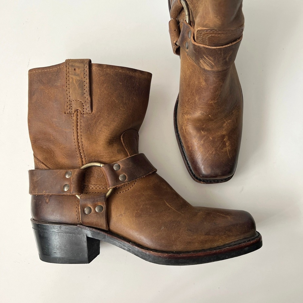 Frye Harness 8R Boots Size 7.5 Brown Leather Biker Moto Western Square Toe Shoes